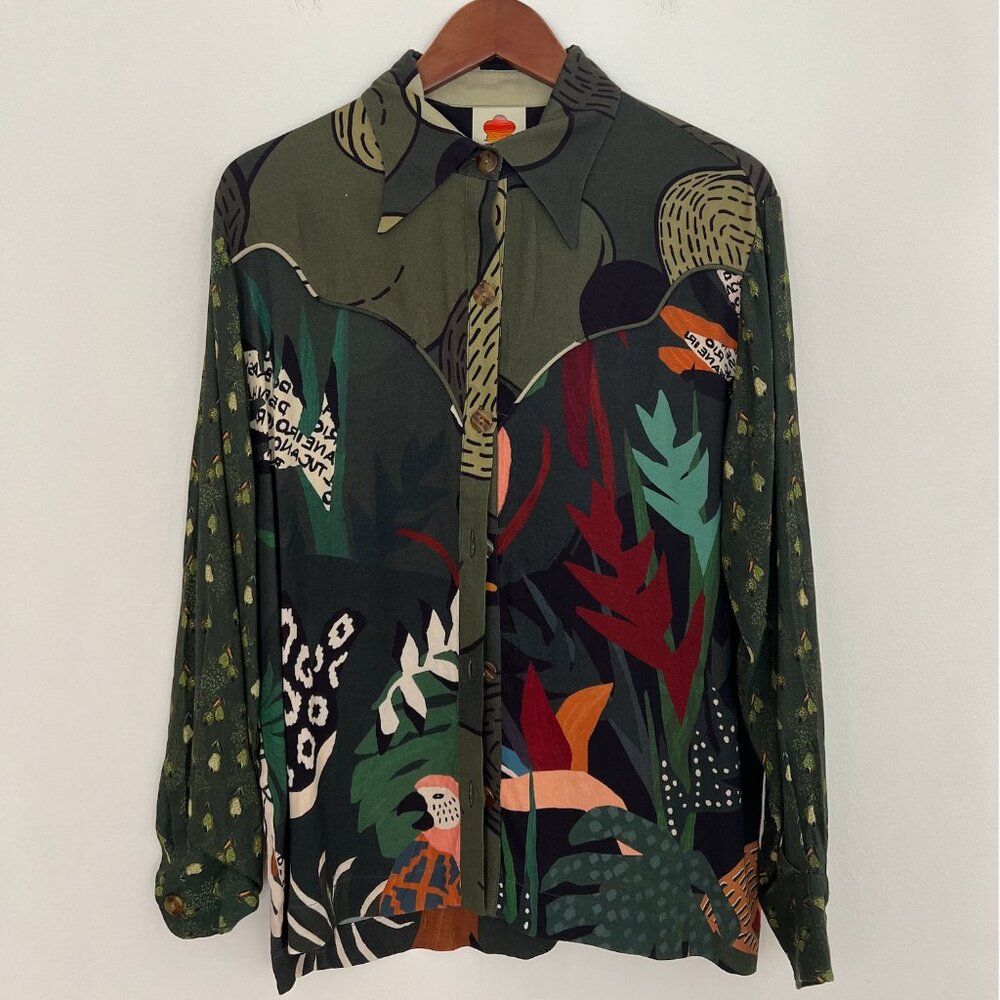 Farm Rio Tropical Jungle Print Button-Up Shirt - Size Small